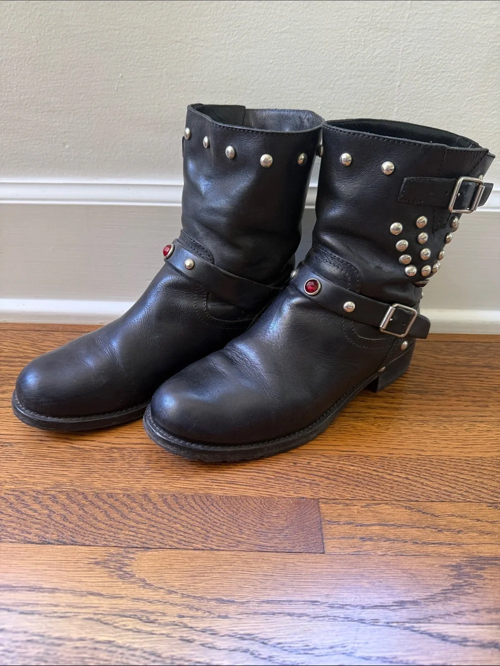 Ralph Lauren Black Studded Leather Biker Boots with Red Accent